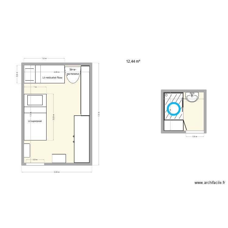 rosa. Plan de 2 pièces et 15 m2