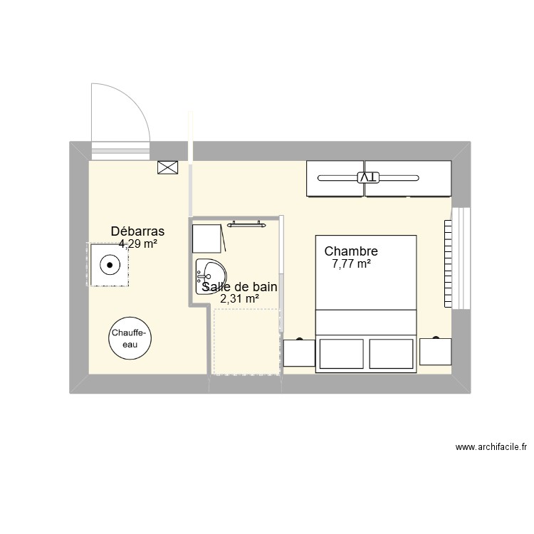 extension. Plan de 3 pièces et 14 m2