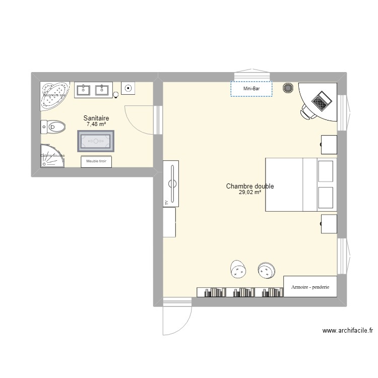 chambre hôtel. Plan de 0 pièce et 0 m2