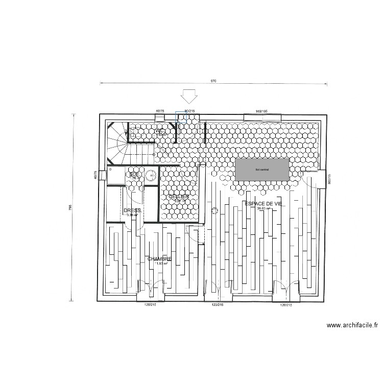 Calepinage RDC carrelage double avec îlot central. Plan de 0 pièce et 0 m2