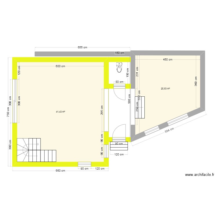 Vue plan rez projet extension V2 WWM02.25 Eghezée. Plan de 2 pièces et 62 m2