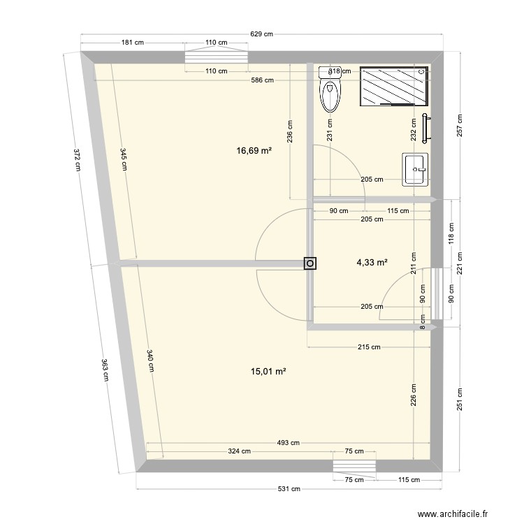 grenier 1. Plan de 3 pièces et 36 m2