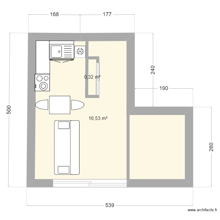 maison estimé a 30 000euro. Plan de 2 pièces et 17 m2