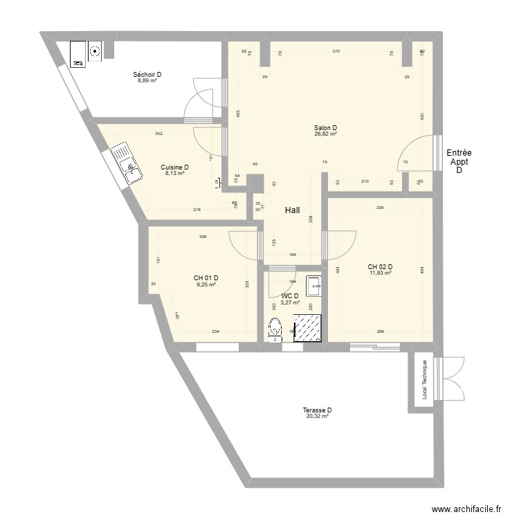 Projet Ghazela Appt D plomberie. Plan de 8 pièces et 89 m2