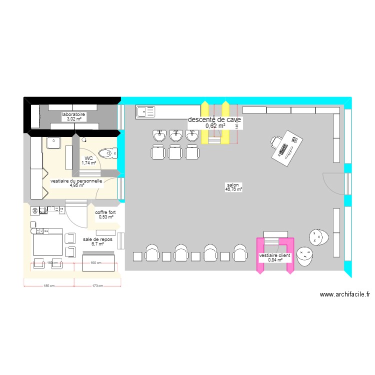 salon . Plan de 8 pièces et 65 m2