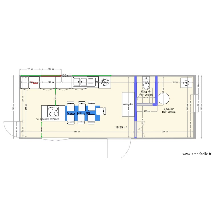 Cuisine Gwenael. Plan de 3 pièces et 27 m2