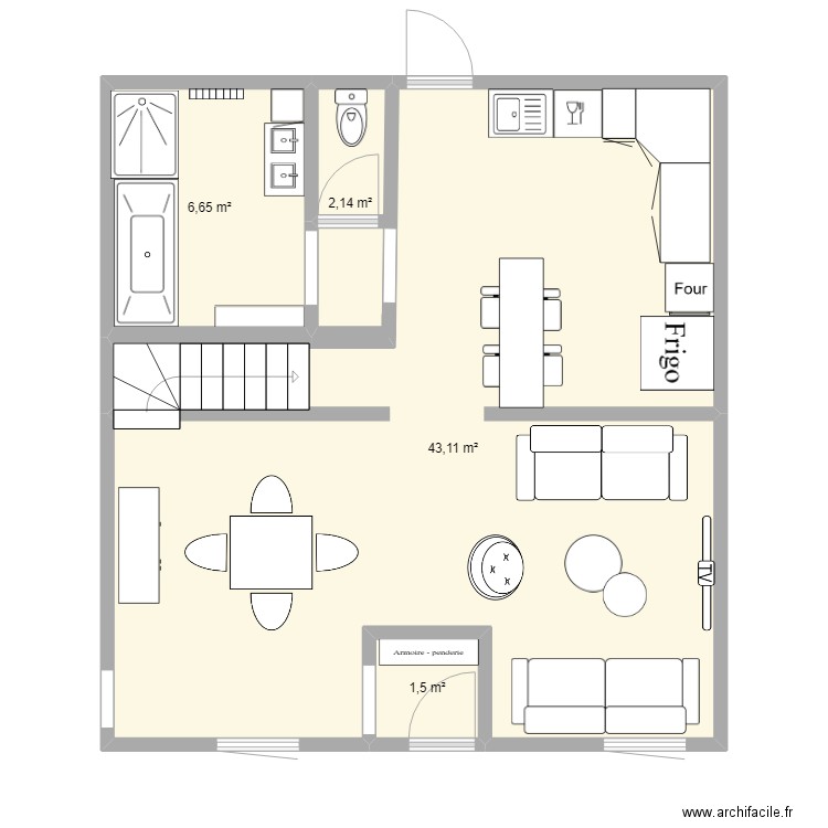 Rez de chaussée. Plan de 4 pièces et 47 m2