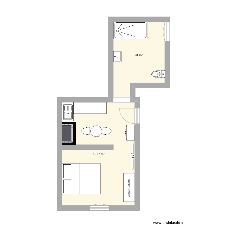 Studio RDC. Plan de 2 pièces et 29 m2