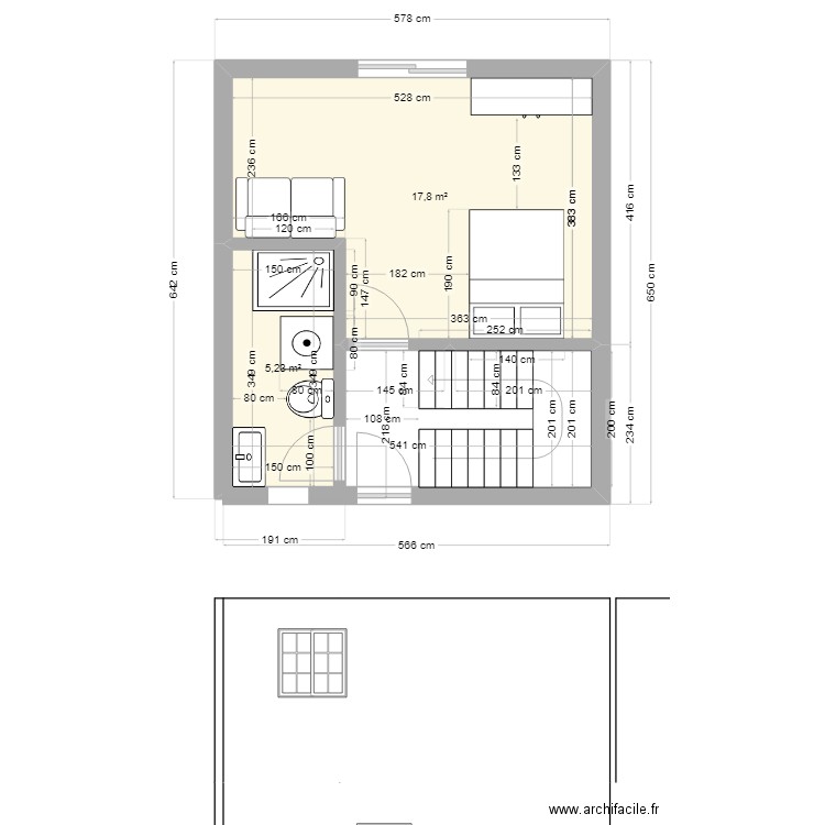 tierra de wam. Plan de 3 pièces et 30 m2