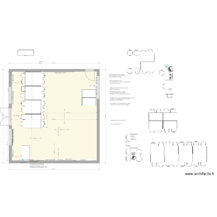 salle H007 ilots et tables en 140x80 essai. Plan de 1 pièce et 75 m2