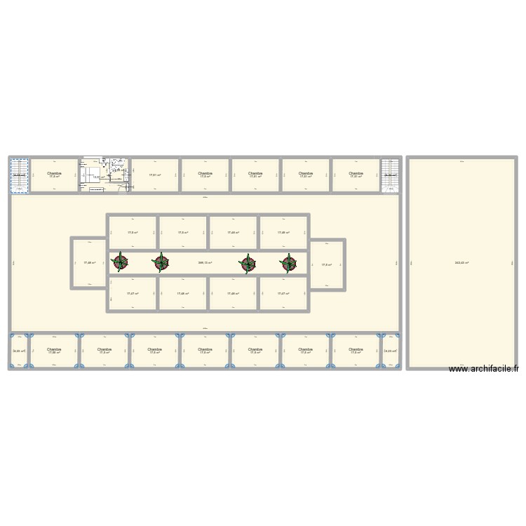 hotel. Plan de 31 pièces et 1269 m2