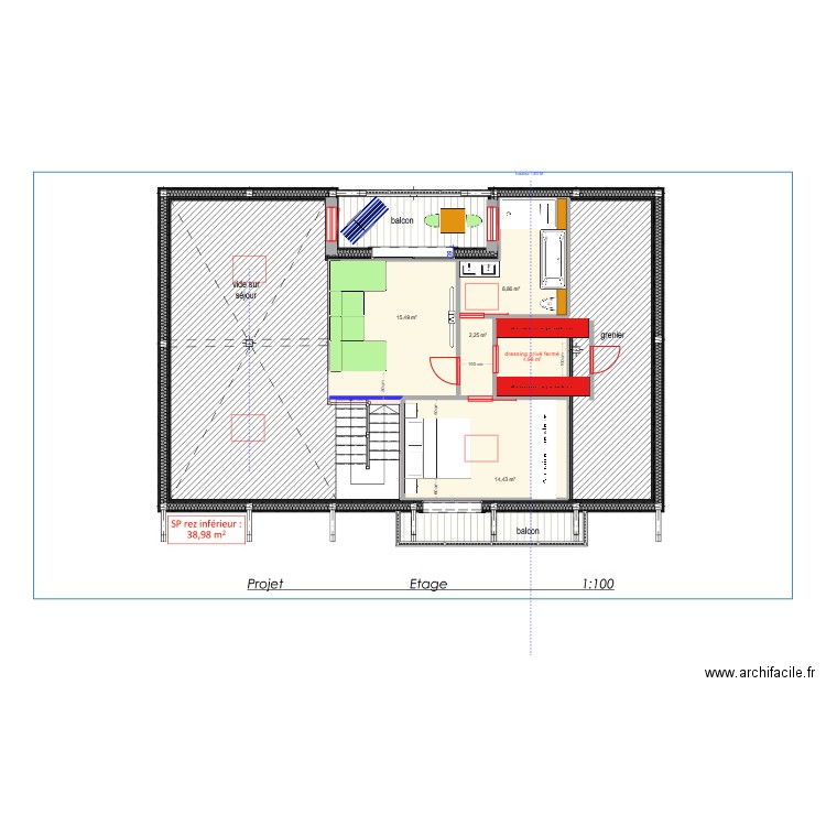 étage béné. Plan de 5 pièces et 46 m2