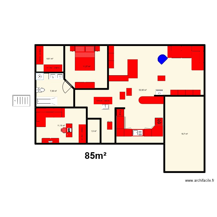 85 m² bis. Plan de 7 pièces et 108 m2