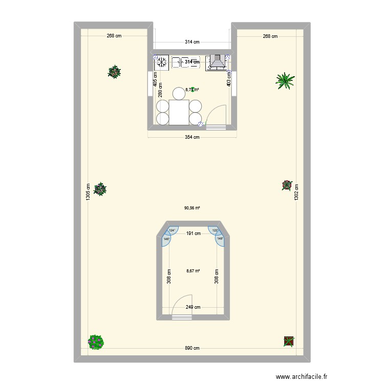 cuisine. Plan de 3 pièces et 119 m2