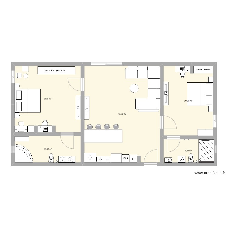 Plan T3. Plan de 5 pièces et 107 m2