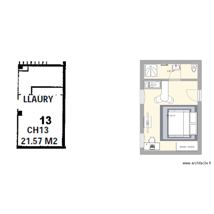 Studio 22,06m²_Aspin. Plan de 2 pièces et 22 m2