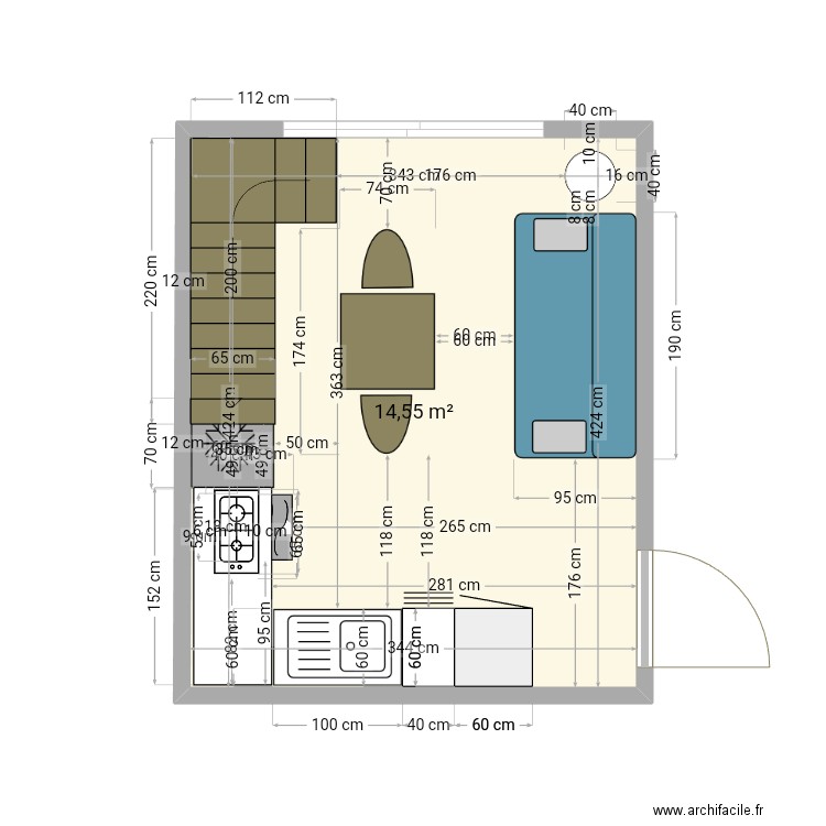 Cuisine cla cotes . Plan de 1 pièce et 15 m2