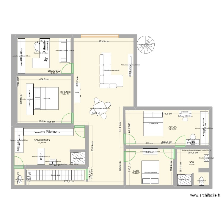 MEZ . Plan de 7 pièces et 138 m2