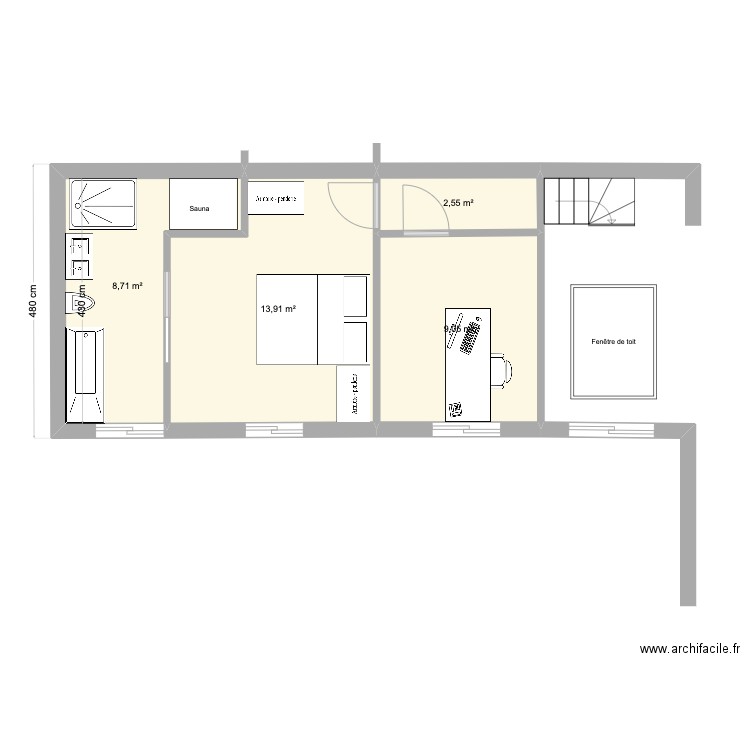 extension vierge sdb au fond. Plan de 4 pièces et 34 m2