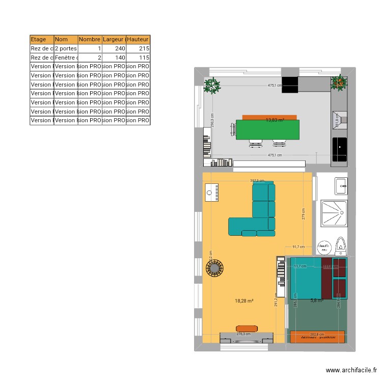 Extension intérieur 2. Plan de 3 pièces et 38 m2