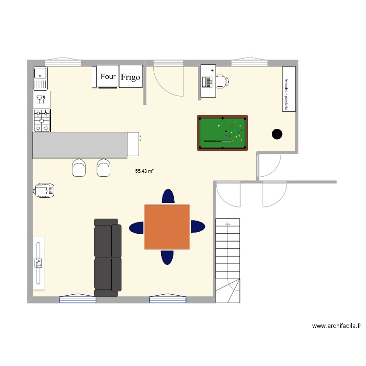 Salon SAM chambre. Plan de 1 pièce et 55 m2