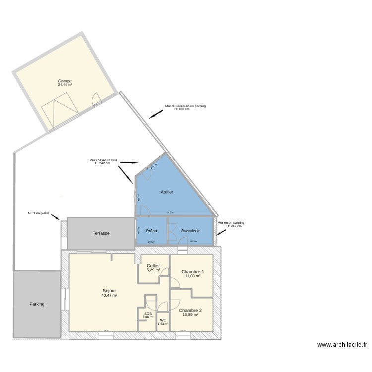 Agrandissement coté buanderie atelier et préau.. Plan de 12 pièces et 177 m2