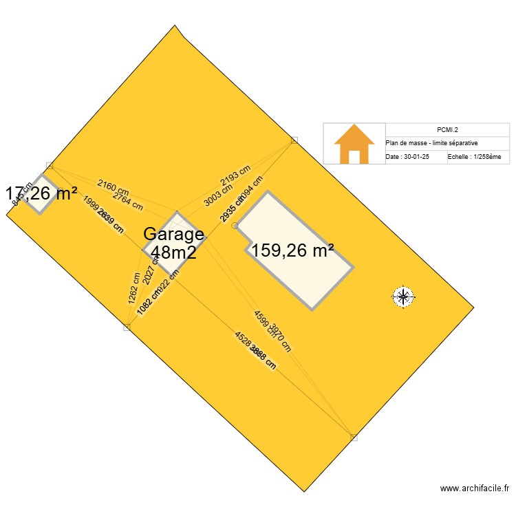 garage limite séparative. Plan de 3 pièces et 224 m2