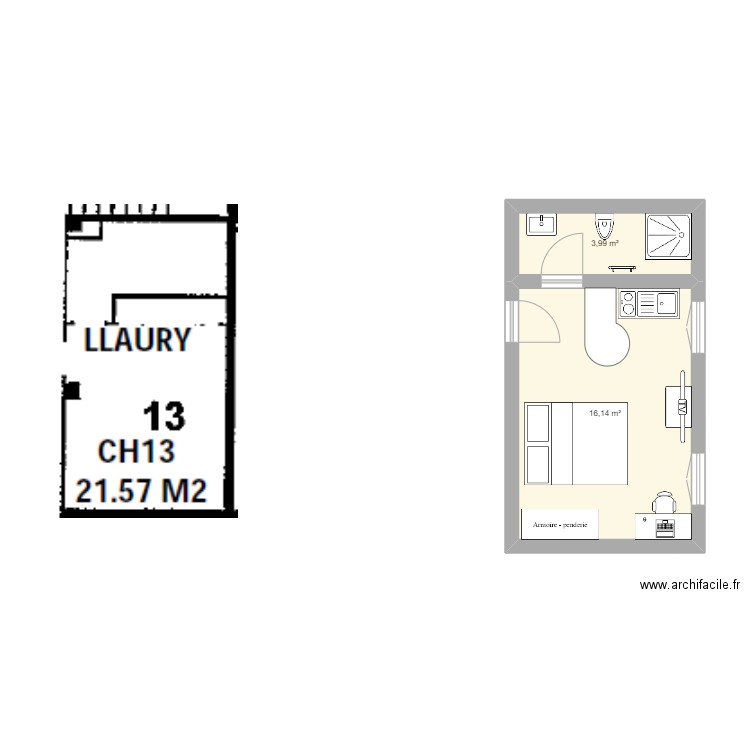 Studio 21m²_Aspin. Plan de 2 pièces et 20 m2