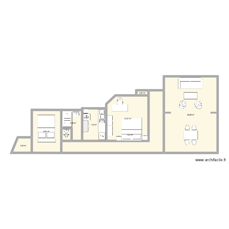 Paris 13. Plan de 9 pièces et 76 m2