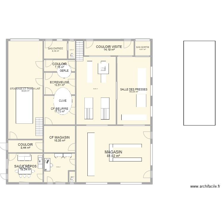 fromagerie. Plan de 16 pièces et 374 m2