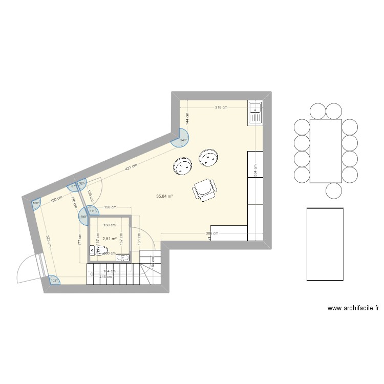 LOCAL. Plan de 2 pièces et 38 m2