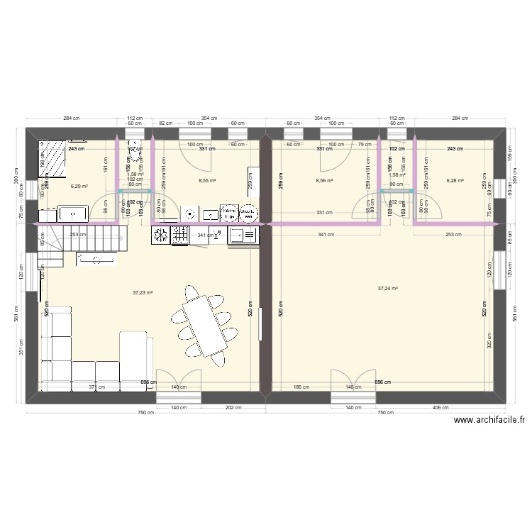 maison double 2025. Plan de 8 pièces et 107 m2