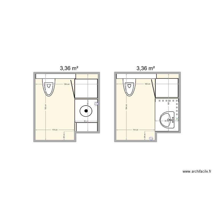 Toilette RDC. Plan de 2 pièces et 7 m2