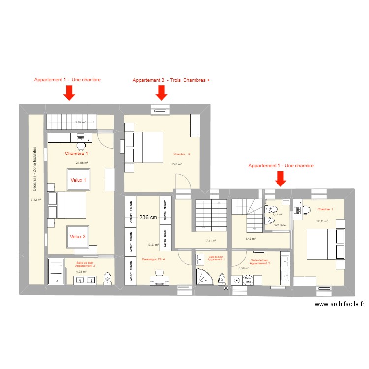 Maison 1 Etage ST THEGONNEC  Etude 3 app. Plan de 11 pièces et 102 m2