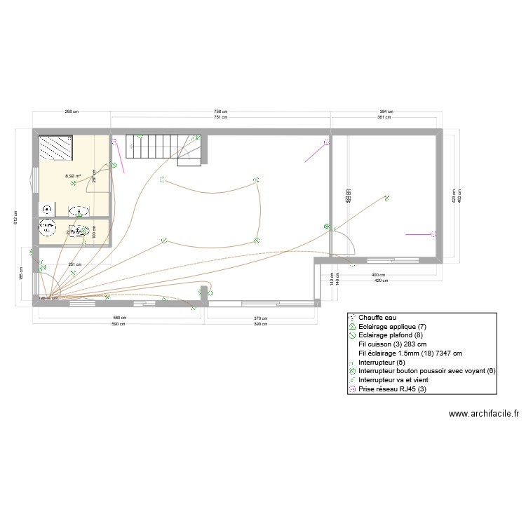 Les Mouettes   Electricité + Cab Lumière. Plan de 2 pièces et 9 m2