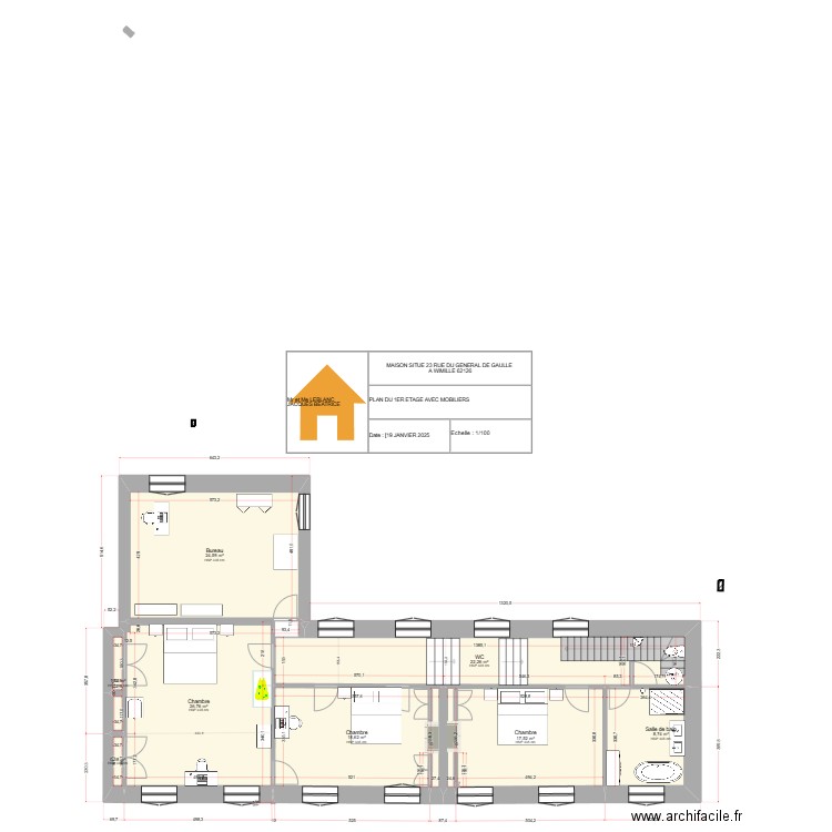 wimille PLAN 1ER ETAGE AVEC MOBILIER . Plan de 8 pièces et 120 m2