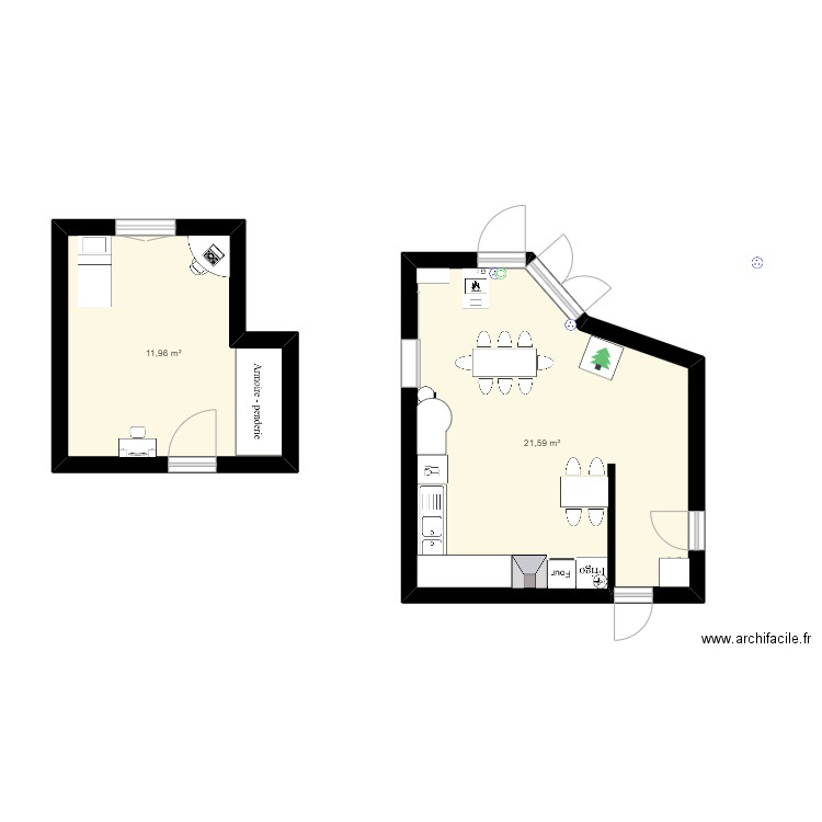 Chambre - pièce de vie  . Plan de 2 pièces et 34 m2