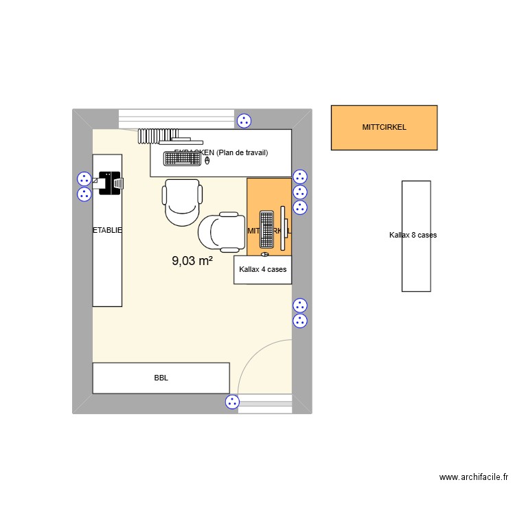 Bureau. Plan de 1 pièce et 9 m2