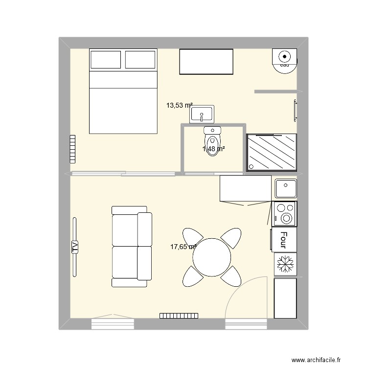 Studio. Plan de 3 pièces et 33 m2