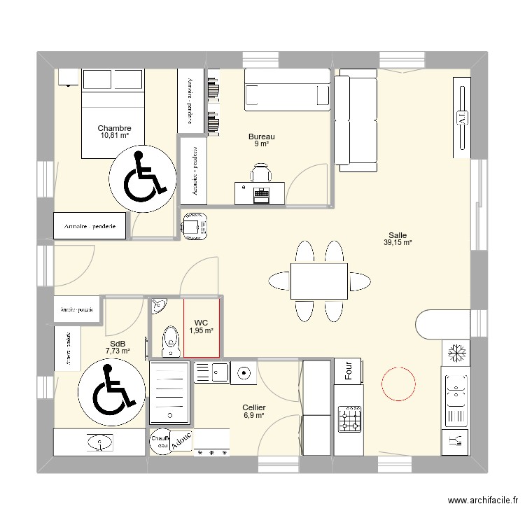 Isa9x8v4. Plan de 6 pièces et 76 m2