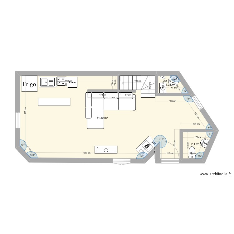 SALON. Plan de 3 pièces et 45 m2