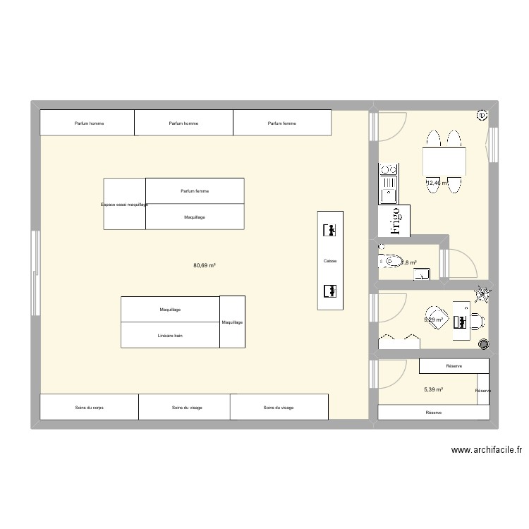 Parfumerie. Plan de 5 pièces et 106 m2