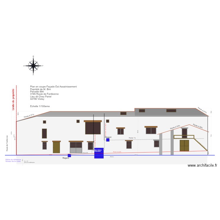 Plan en coupe Façade Est Assainissement. Plan de 0 pièce et 0 m2