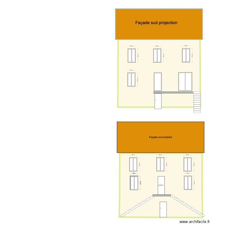 Plan de facade  SUD. Plan de 2 pièces et 151 m2