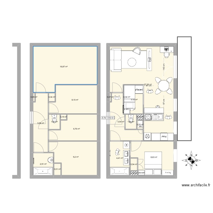 appartement 53m2. Plan de 23 pièces et 103 m2