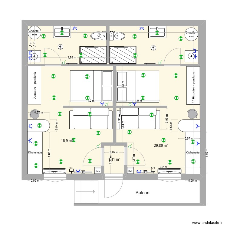 RDC - 1 elec. Plan de 3 pièces et 48 m2