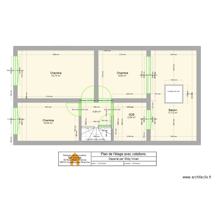 Plan de l'étage avec cotations.. Plan de 6 pièces et 64 m2