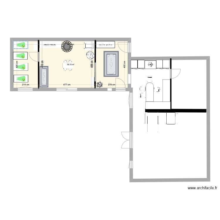 Extension . Plan de 1 pièce et 39 m2