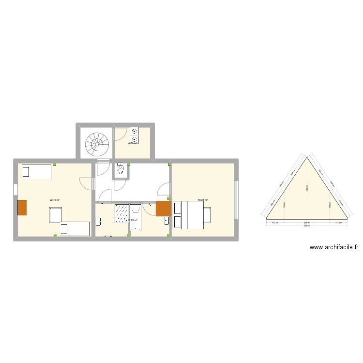 combles. Plan de 4 pièces et 57 m2