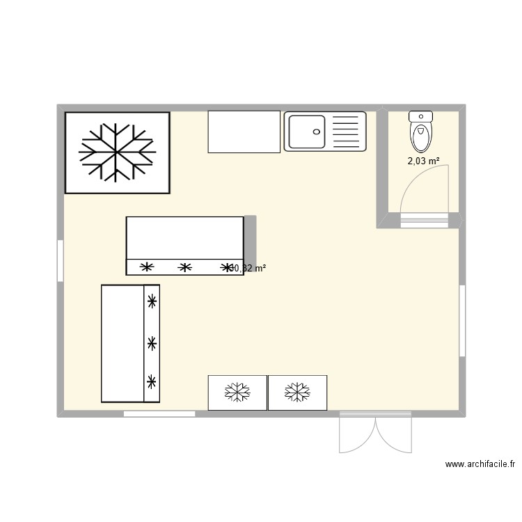 boutique tan rouge. Plan de 2 pièces et 32 m2